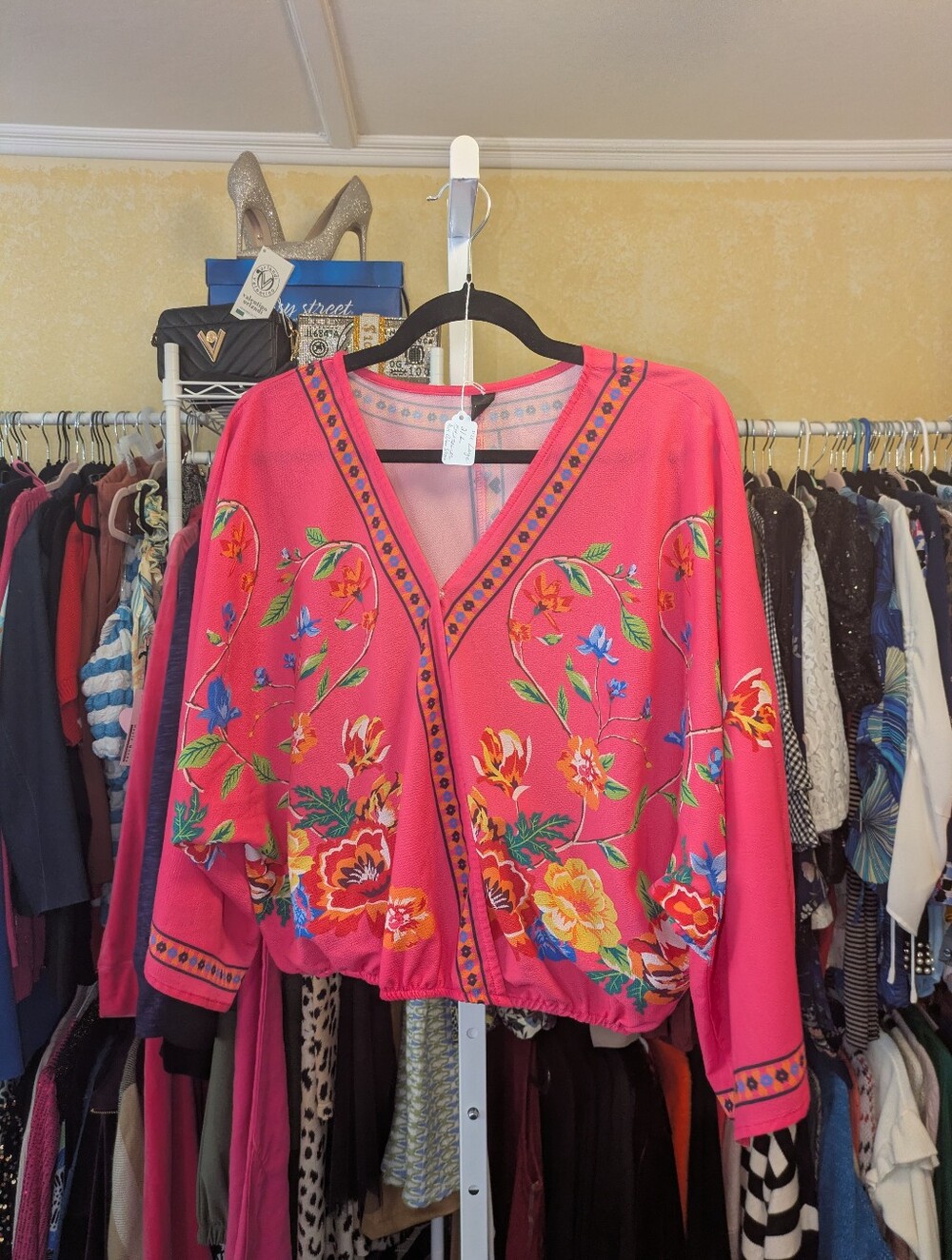 Pink Floral Tile Print Dolman Sleeve Wrap Blouse Top - Size Large